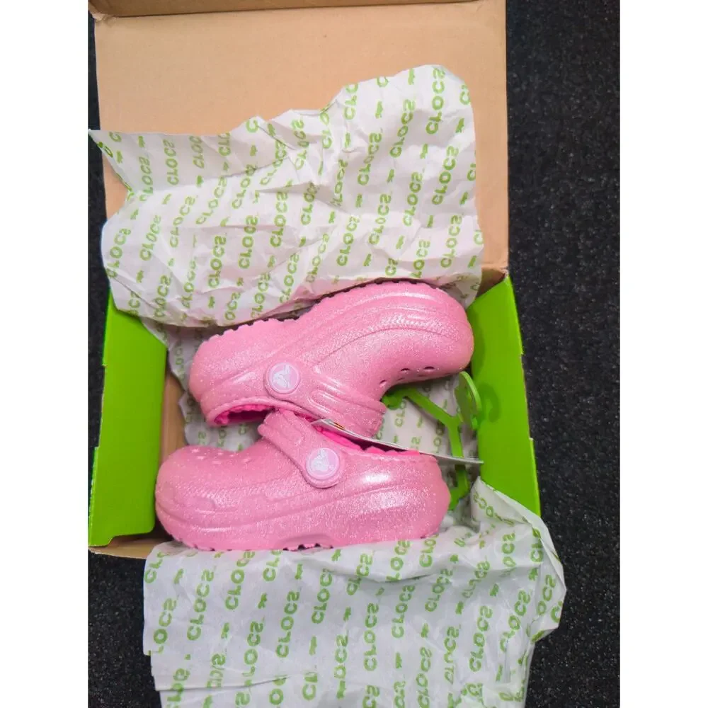 Crocs Classic Lined Glitter Clog Pink Tweed Toddler C5 Fuzzy Shoes NWT